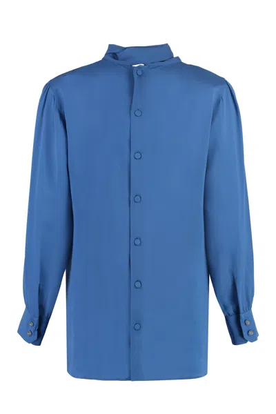 Shop Gucci Blue Georgette Pussy-bow Shirt With Logo Detail Buttons And Buttoned Cuffs