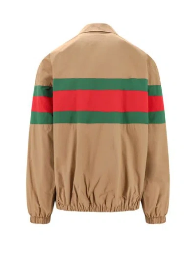 Shop Gucci Saddle Brown Zippered Cotton Jacket For Men | Green-red-green Web Detail | Two Front Pockets