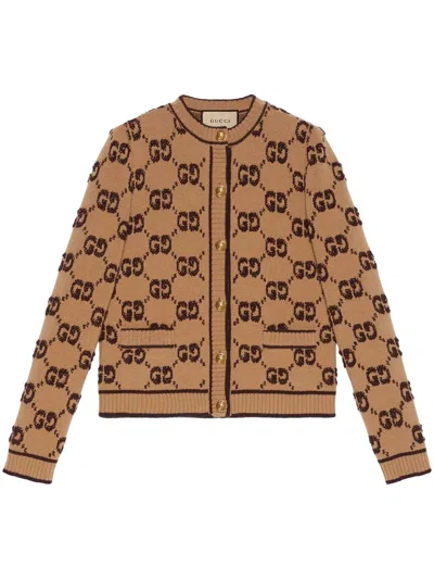 Shop Gucci Camel Wool Bouclé-jacquard Cardigan For Women In Beige