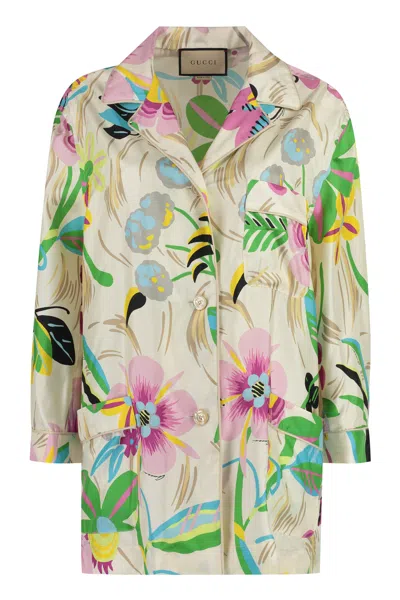 Shop Gucci Fall 2024: Beautiful Floral Printed Silk Shirt For Women In Beige