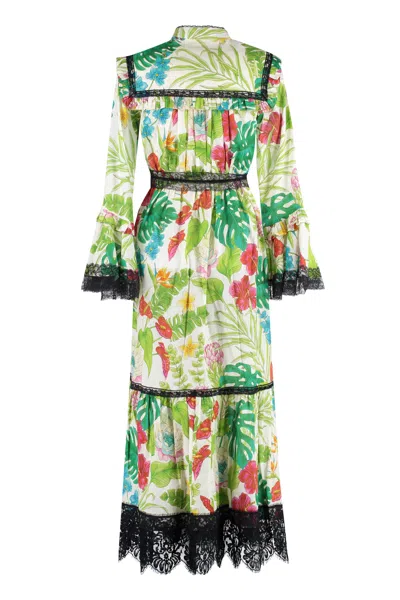 Shop Gucci Floral Print Long Dress With Lace Details And Removable Slip In Multicolor
