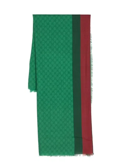 Shop Gucci Green Intarsia Knit Logo Wool Scarf