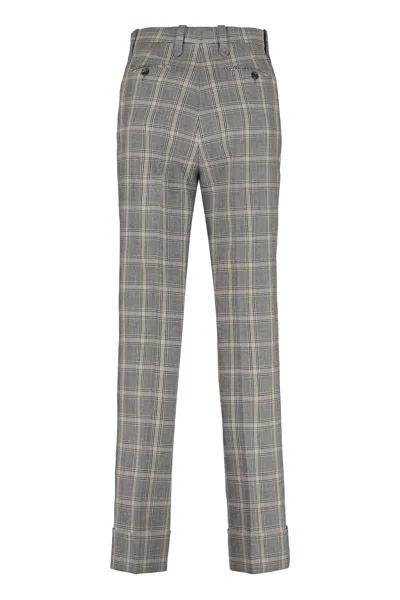 Shop Gucci Grey Checkered Wool-linen Blend Trousers With Cuffed Hem For Women | Fw22 Collection