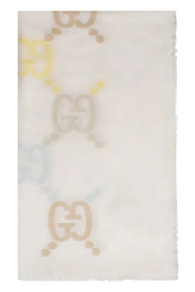 Shop Gucci Ivory Jacquard Scarf With Fringed Edges For Women