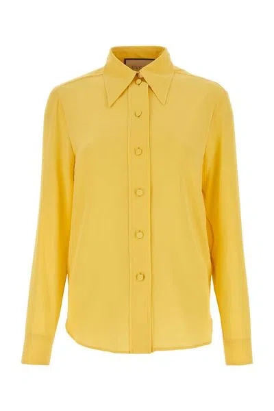 Shop Gucci Luxurious Silk Crepe Shirt In Vibrant Yellow And Orange