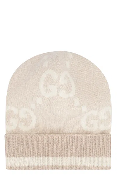 Shop Gucci Luxurious Sand Knit Beanie With Gg Jacquard Motif And Metallic Threads For Women