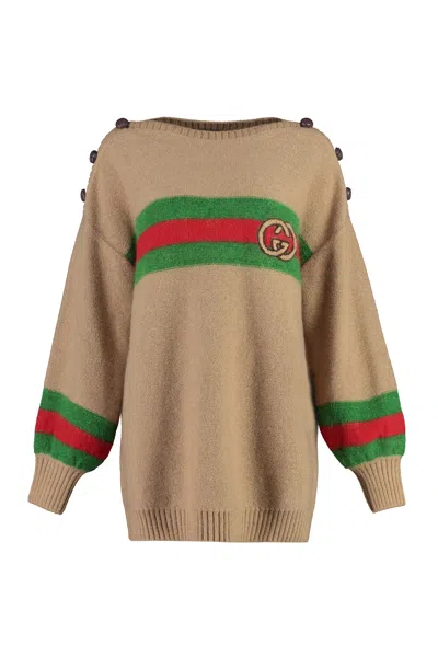 Shop Gucci Luxurious Wool Sweater With Leather Knot Buttons And Green-red-green Web Detail In Camel