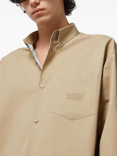 Shop Gucci Mens Beige Cotton Poplin Shirt With Embroidered Logo In Tan