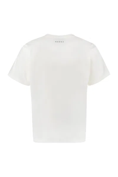 Shop Gucci Men's Sequin Embellished T-shirt With Front Print And Ribbed Neckline In Ivory