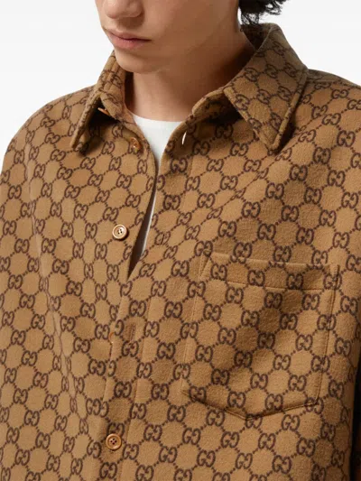 Shop Gucci Mens Beige Wool Flannel Jacket In Signature Gg Supreme Print In Camel