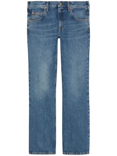 Shop Gucci Navy Blue Denim Straight Leg Jeans With Horsebit Detail For Women
