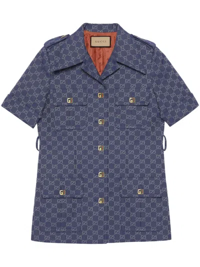 Shop Gucci Navy Blue Double G Short-sleeve Shirt For Women
