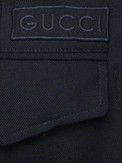 Shop Gucci Navy Blue Twill Weave Logo Elastic Waist Trousers For Men