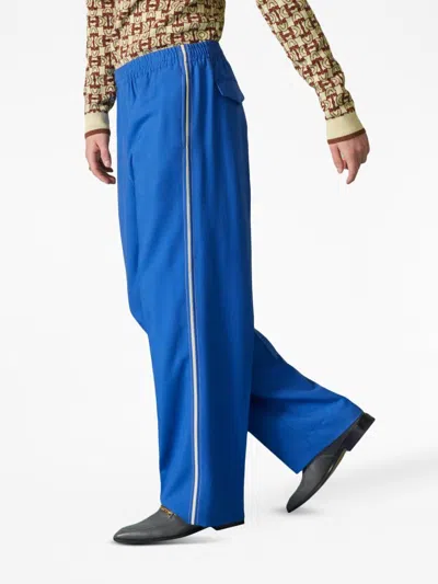 Shop Gucci Navy Mohair Wide-leg Trousers With Signature Details For Men In Blue