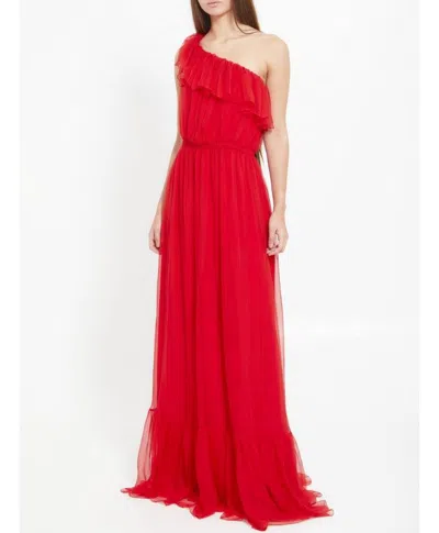 Shop Gucci Red One-shoulder Chiffon Dress For Women