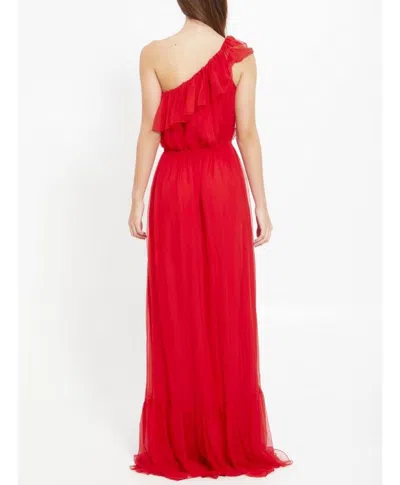 Shop Gucci Red One-shoulder Chiffon Dress For Women