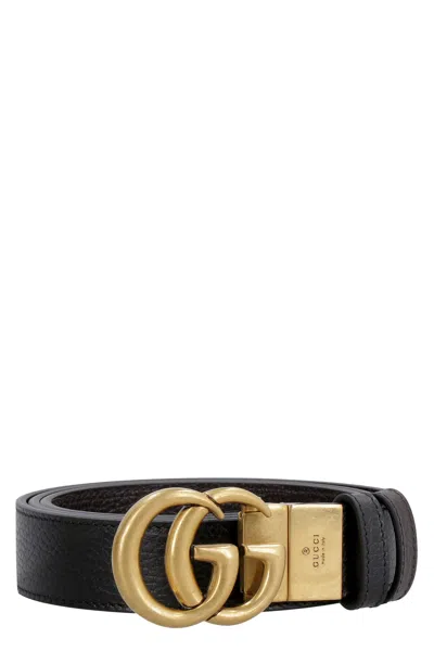 Shop Gucci Reversible Leather Belt With Aged Gold-tone Hardware For Men In Black