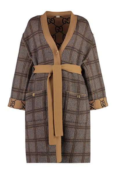 Shop Gucci Reversible Women's Camel Wool Cardigan With Logo Buttons And Waist Belt In Beige