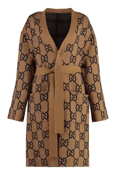 Shop Gucci Reversible Women's Camel Wool Cardigan With Logo Buttons And Waist Belt In Beige
