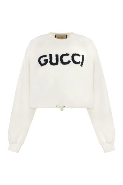 Shop Gucci White Contrast Logo Sweatshirt With Adjustable Drawstring For Women In Ivory