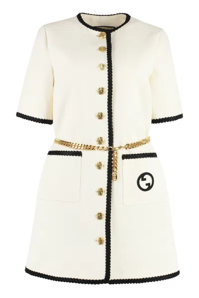 Shop Gucci White Wool Blend Tweed Dress With Contrasting Trimmings And Logo Patch
