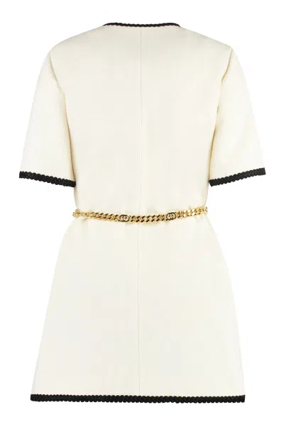 Shop Gucci White Wool Blend Tweed Dress With Contrasting Trimmings And Logo Patch