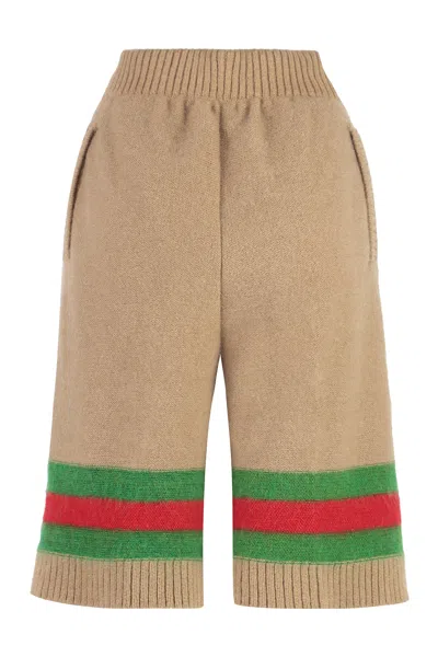 Shop Gucci Women's Knit Shorts With Green-red-green Detail In Fw23 Collection In Camel