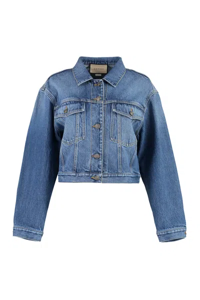 Shop Gucci Women's Embroidered Denim Jacket In Blue