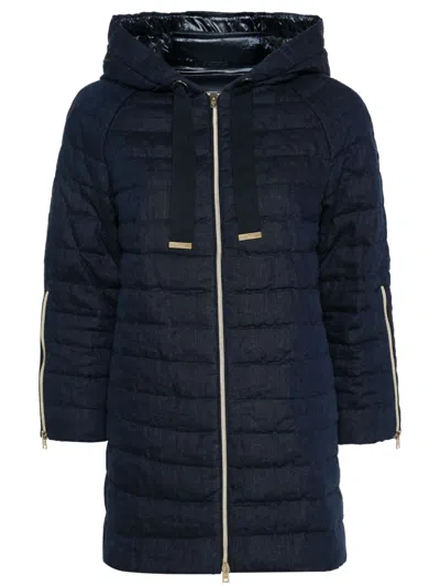 Shop Herno Navy Blue Hooded Midi Down Jacket For Women