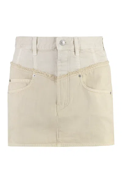 Shop Isabel Marant Ecru Denim Mini Skirt With Frayed Edges And Engraved Metal Buttons