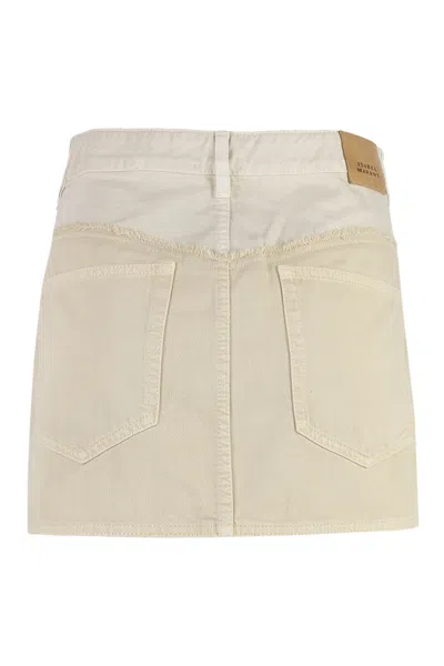 Shop Isabel Marant Ecru Denim Mini Skirt With Frayed Edges And Engraved Metal Buttons