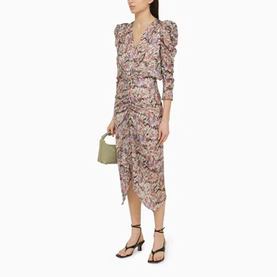 Shop Isabel Marant Multicolored Floral Printed Silk Blend Midi Dress With Draped Front And Balloon Sleeves