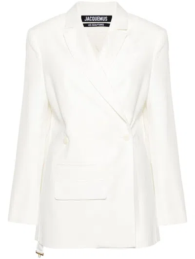 Shop Jacquemus White Crepe Textured Blazer Jacket With Double-breasted Button Fastening
