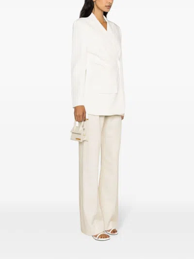 Shop Jacquemus White Crepe Textured Blazer Jacket With Double-breasted Button Fastening