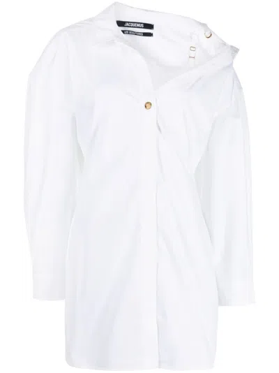 Shop Jacquemus Asymmetrical White Cotton Dress With Wide Sleeves For Women