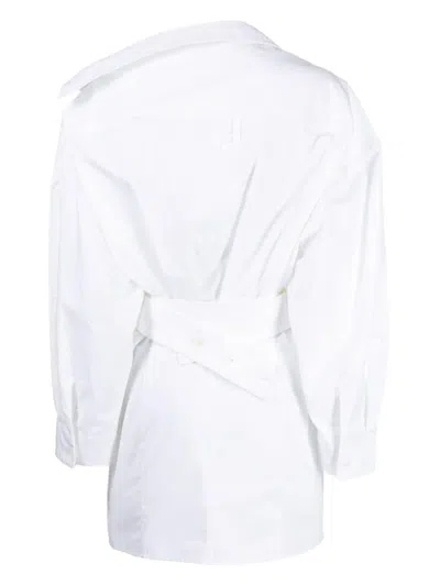 Shop Jacquemus Asymmetrical White Cotton Dress With Wide Sleeves For Women