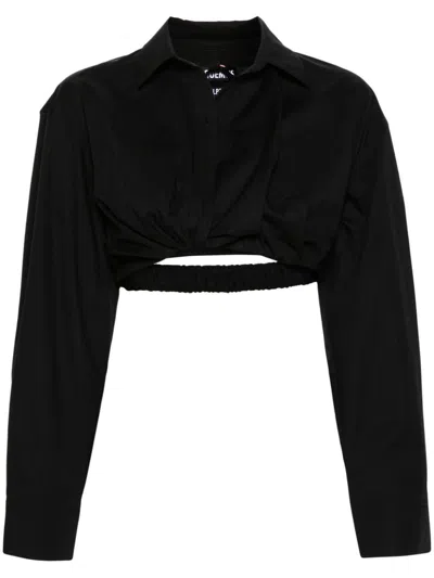 Shop Jacquemus Black Textured Cotton Stretch Shirt With Drop Shoulder And Elasticated Hem