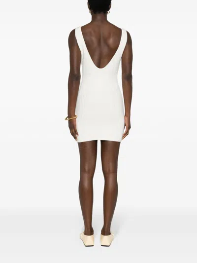 Shop Jacquemus White Ribbed Knit Dress With Scalloped Neck And Cut-out Details