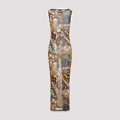 Shop Jean Paul Gaultier Butterfly Print Mesh Dress In Tan