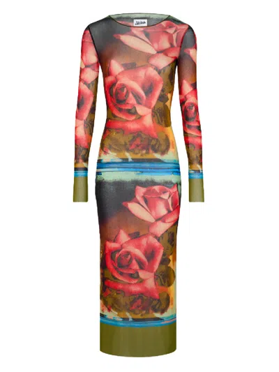 Shop Jean Paul Gaultier Roses Print Mesh Long Dress In Green For Women