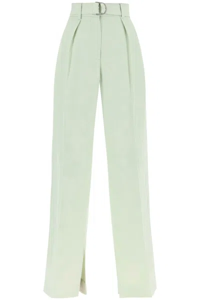 Shop Jil Sander Green Belted Double Pleat Linen Blend Trousers For Women