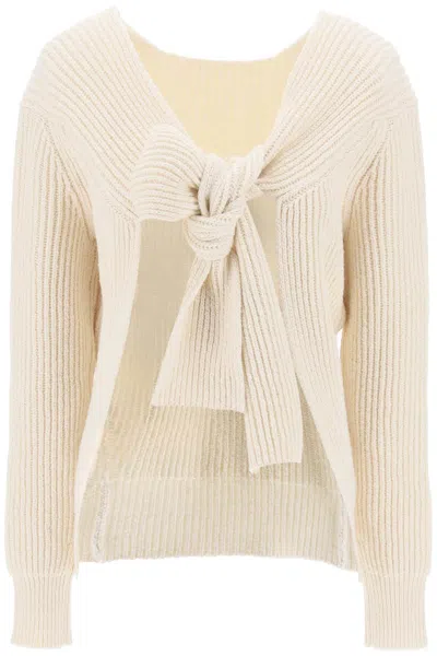 Shop Jil Sander Loose Fit Knit Sweater With Tie Closure In Beige