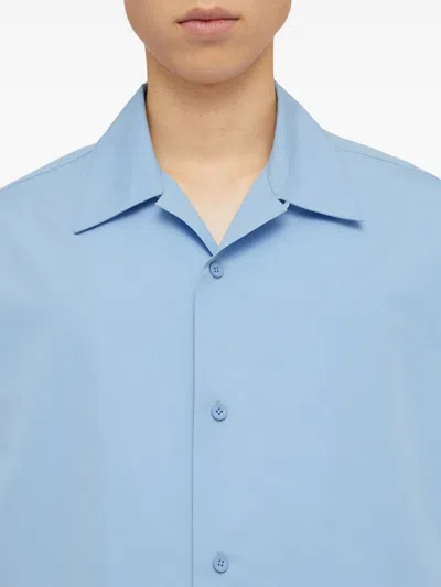 Shop Jil Sander Sky Blue Cotton Poplin Texture Spread Collar Short Sleeved Shirt For Men