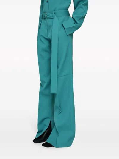 Shop Jil Sander Turquoise Blue-green High-waisted Wool Trousers With Detachable Belt