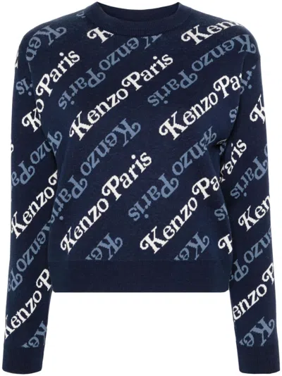 Shop Kenzo Blue Cotton-wool Blend Intarsia-knit Logo Crew Neck Jumper In Navy