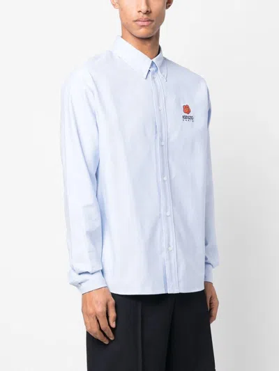 Shop Kenzo Relaxed Fit Oxford Shirt With Iconic Bokè Flower Embroidery In Light Blue