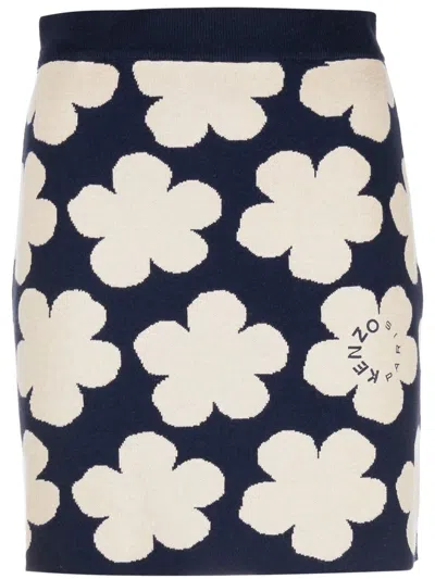 Shop Kenzo Floral Print Wool Blend Skirt In Blue