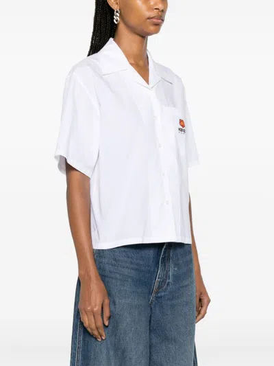 Shop Kenzo Flower Embroidered Cotton Cropped Shirt In White For Women