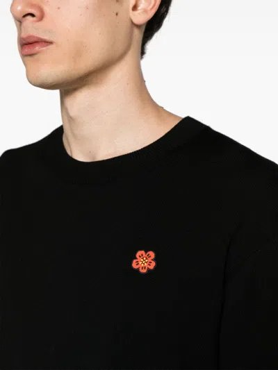 Shop Kenzo Men's Black Wool Jumper With Signature Flower Applique