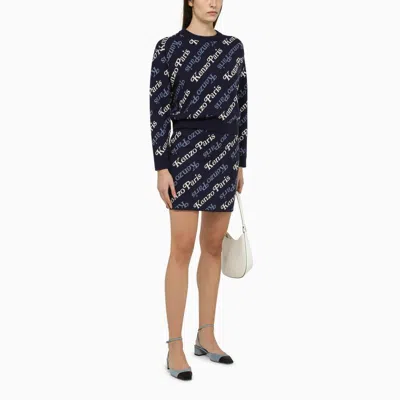 Shop Kenzo Midnight Blue Cotton And Wool Sweater With Contrasting Logo For Women In Multicolor